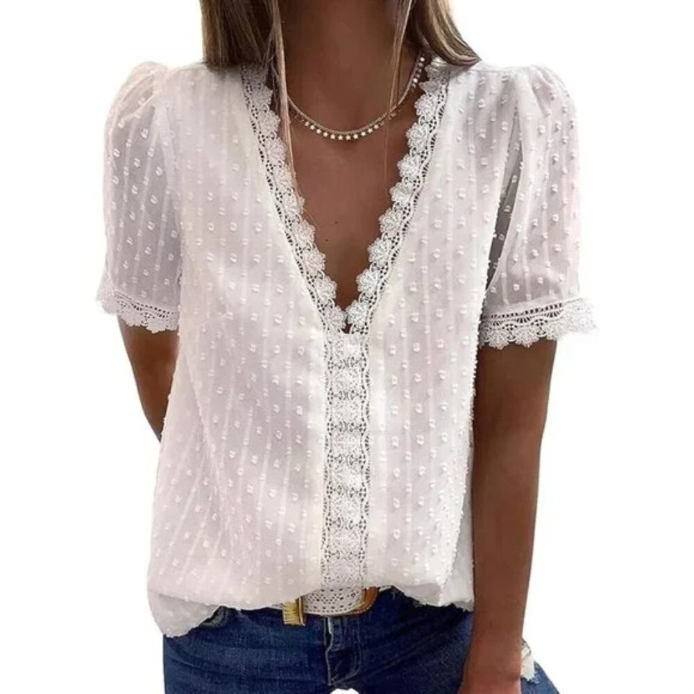 Lace top with V-Neck Short Sleeves
